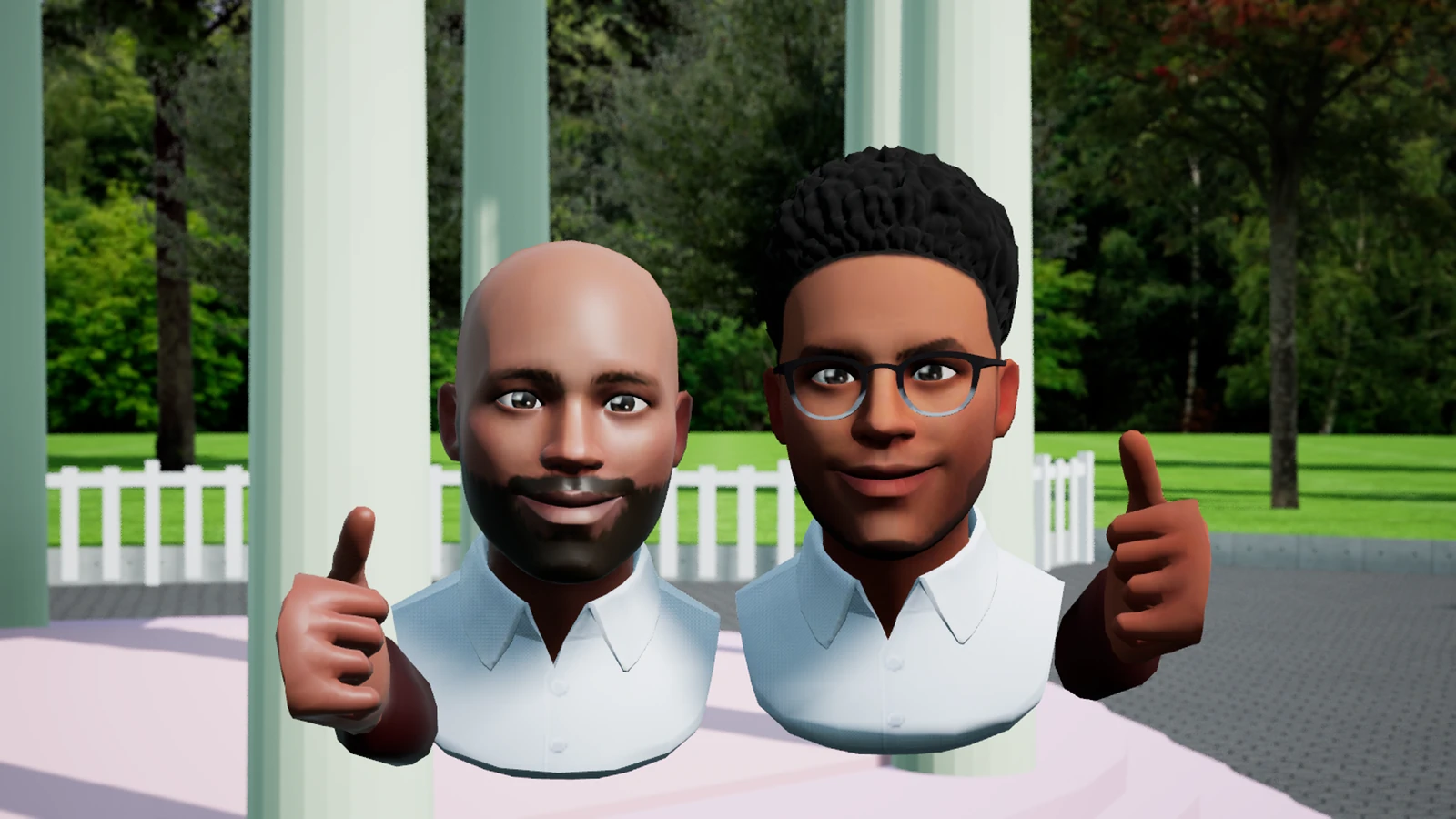 Two avatars giving a thumbs up in the DAIL Cornell VR lobby